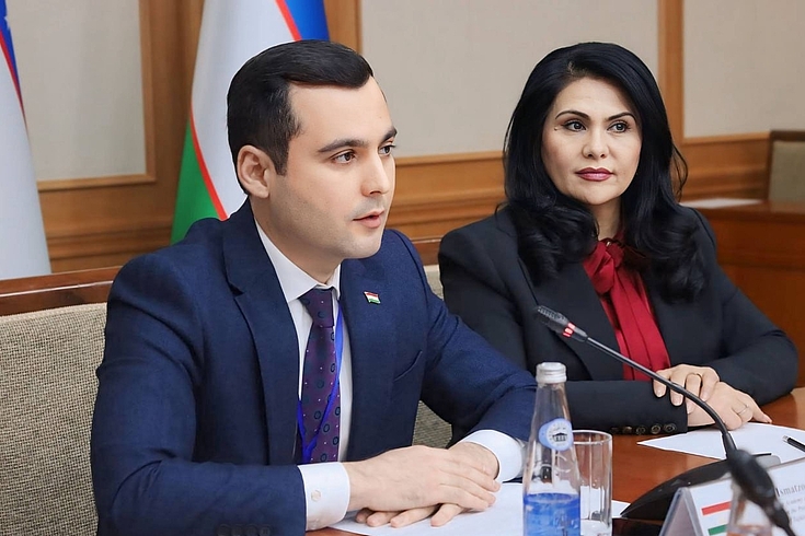 Г-н Сомон Исматзода, проректор Академии государственного управления при Президенте Республики Таджикистан, выступает с докладом о современных тенденциях в государственном управлении на пленарном заседании конференции. 