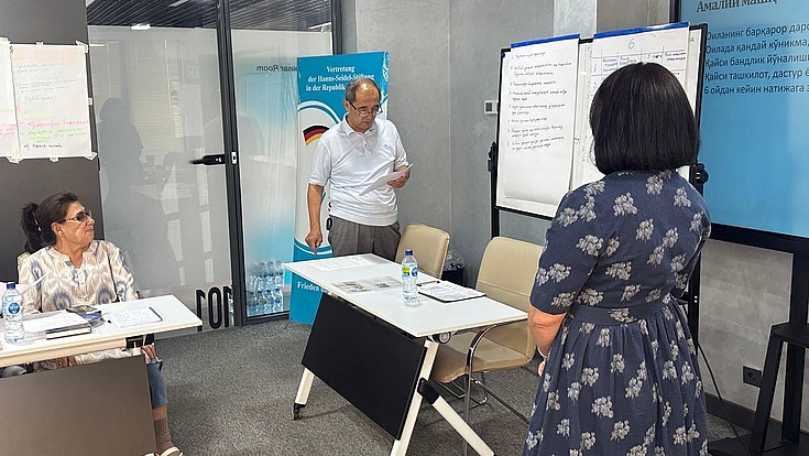 Die Teilnehmenden präsentieren ihre Gruppenarbeiten zu Projektmanagement und Armutsbekämpfung und erproben die im Workshop vermittelten Methoden.